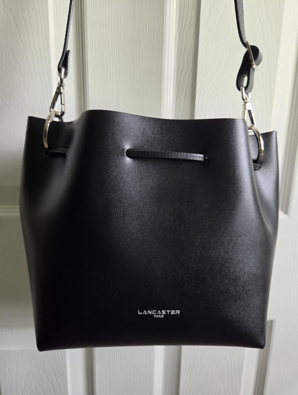 Lancaster Black Leather Bucket Bag - Silver Hardware - Crossbody or Shoulder